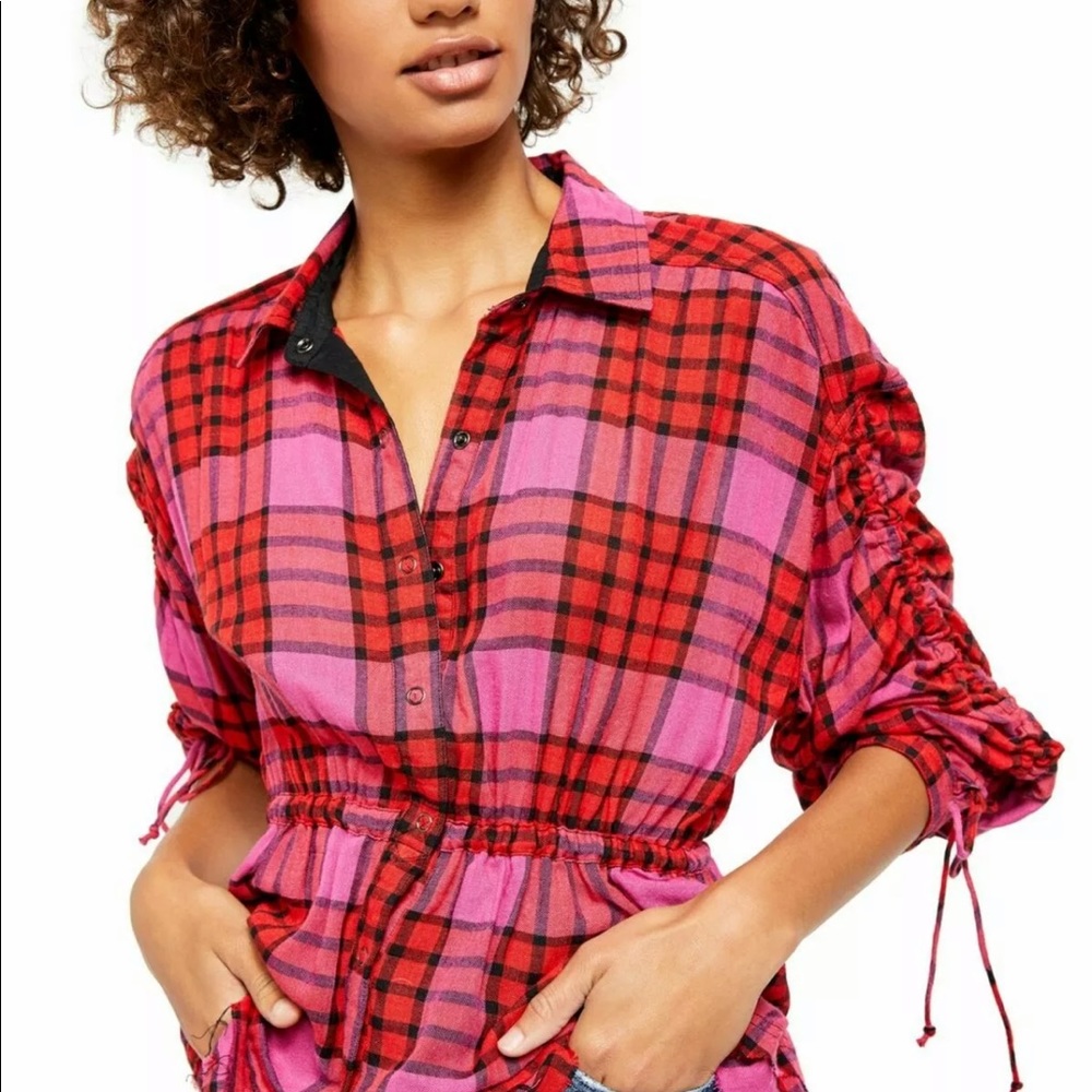 Free People Red Combo Plaid Ruched-Sleeve shirt